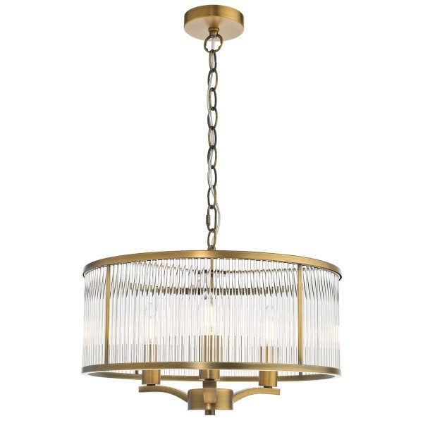 Evelyn 3 light pendant chandelier in antique brass, on white background lit