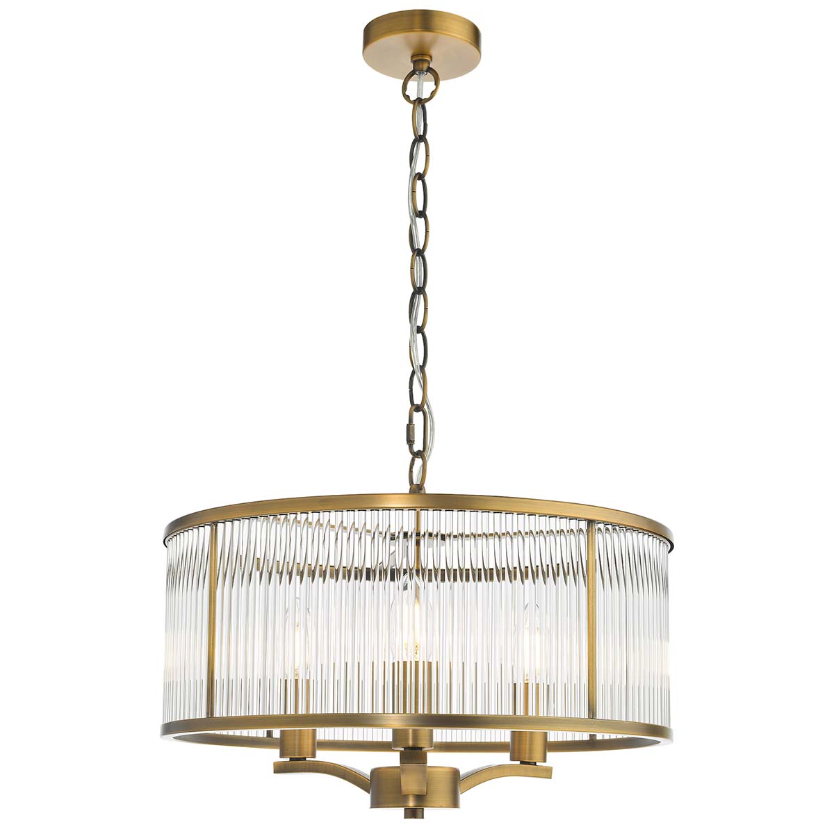 Dar Evelyn 3 Light Pendant Chandelier Antique Brass Glass