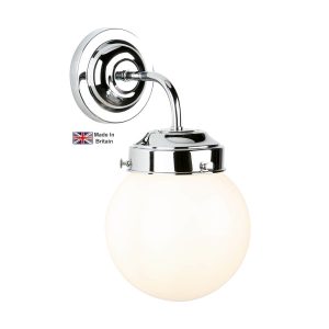Fairfax single wall light in chrome plated solid brass with opal white glass shade on white background lit