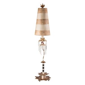 Flambeau Birdland 1 light large table lamp in black, cream and gold on white background.