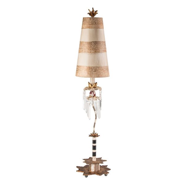 Flambeau Birdland 1 light large table lamp in black, cream and gold on white background.