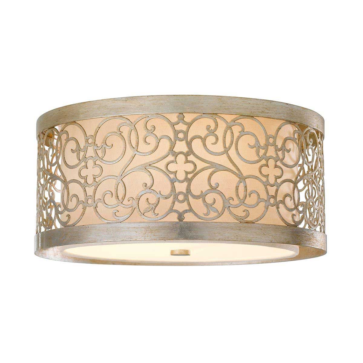 Feiss Arabesque Flush 2 Light Silver Leaf Drum Ivory Linen Fabric