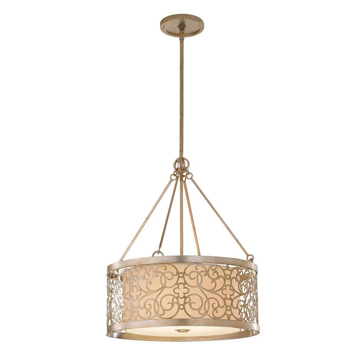 Feiss Arabesque Silver Leaf Drum 4 Light Ivory Fabric Pendant
