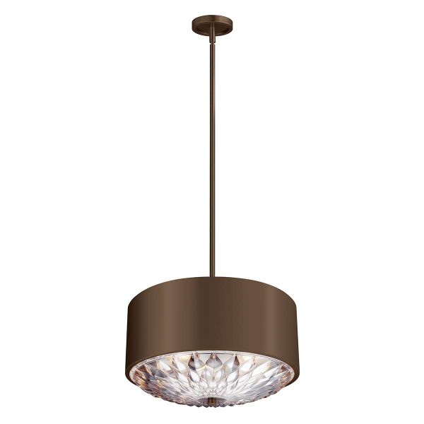 Feiss Botanic 4 light pendant or semi flush ceiling light in dark aged brass, shown as pendant on white background.