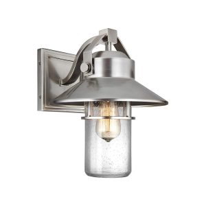 Feiss Boynton medium outdoor wall lantern in brushed steel on white background.