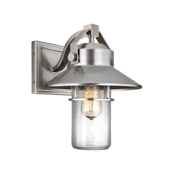 Feiss Boynton medium outdoor wall lantern in brushed steel on white background.