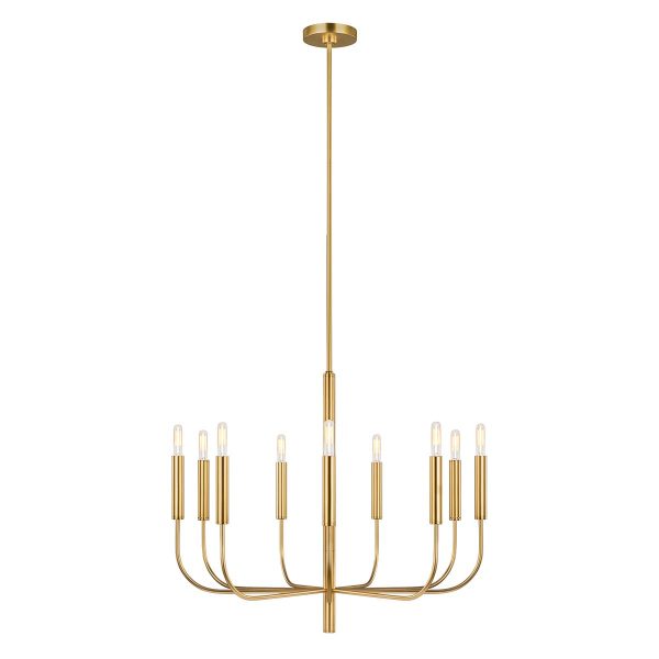 Feiss Brianna 9 light chandelier in burnished brass, full height on white background.