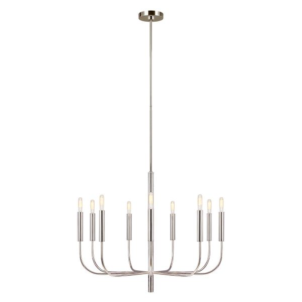 Feiss Brianna 9 light chandelier in polished nickel, full height on white background.