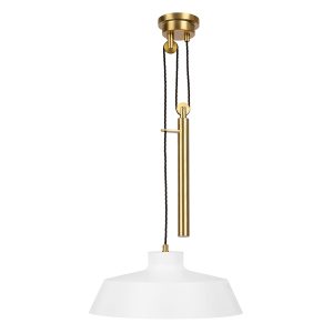 Feiss Candor matte white rise & fall pulley ceiling light burnished brass metalwork