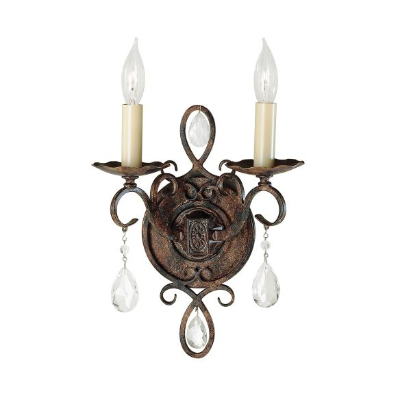 Chateau French Style 2 Lamp Twin Wall Light Mocha Bronze Crystal Drops