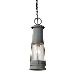 Feiss Chelsea Harbor hanging outdoor porch lantern storm cloud grey finish shown lit on white background.