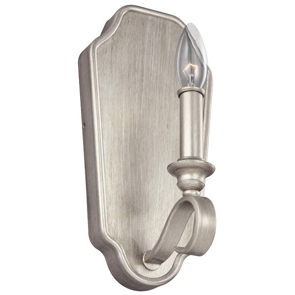 Feiss DeWitt single wall light in sunrise silver finish French provincial style, lit, angled image on a white background.