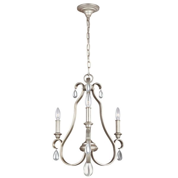 Feiss DeWitt 3 light chandelier in a sunrise silver finish with teardrop crystals, shown lit on white background.