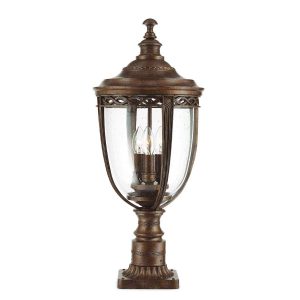 Feiss English Bridle 3 light large outdoor pedestal lantern in British bronze, on a white background.