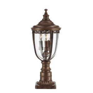 Feiss English Bridle 3 light medium outdoor pedestal lantern in British bronze, on a white background.