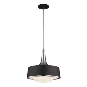 Feiss Holloway retro kitchen 4 light pendant in brushed steel and textured black on white background.