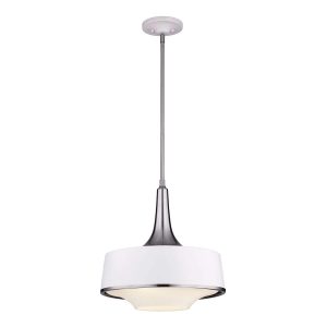 Feiss Holloway retro kitchen 4 light pendant in brushed steel and textured white on white background.