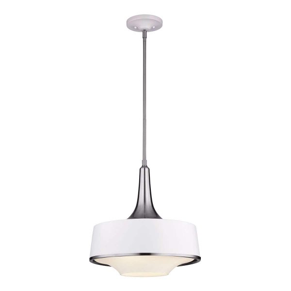 Feiss Holloway retro kitchen 4 light pendant in brushed steel and textured white on white background.