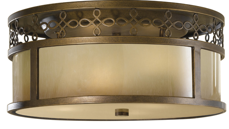 Feiss Justine Astral Bronze 3 Light Flush Ceiling Light With Oak Glass