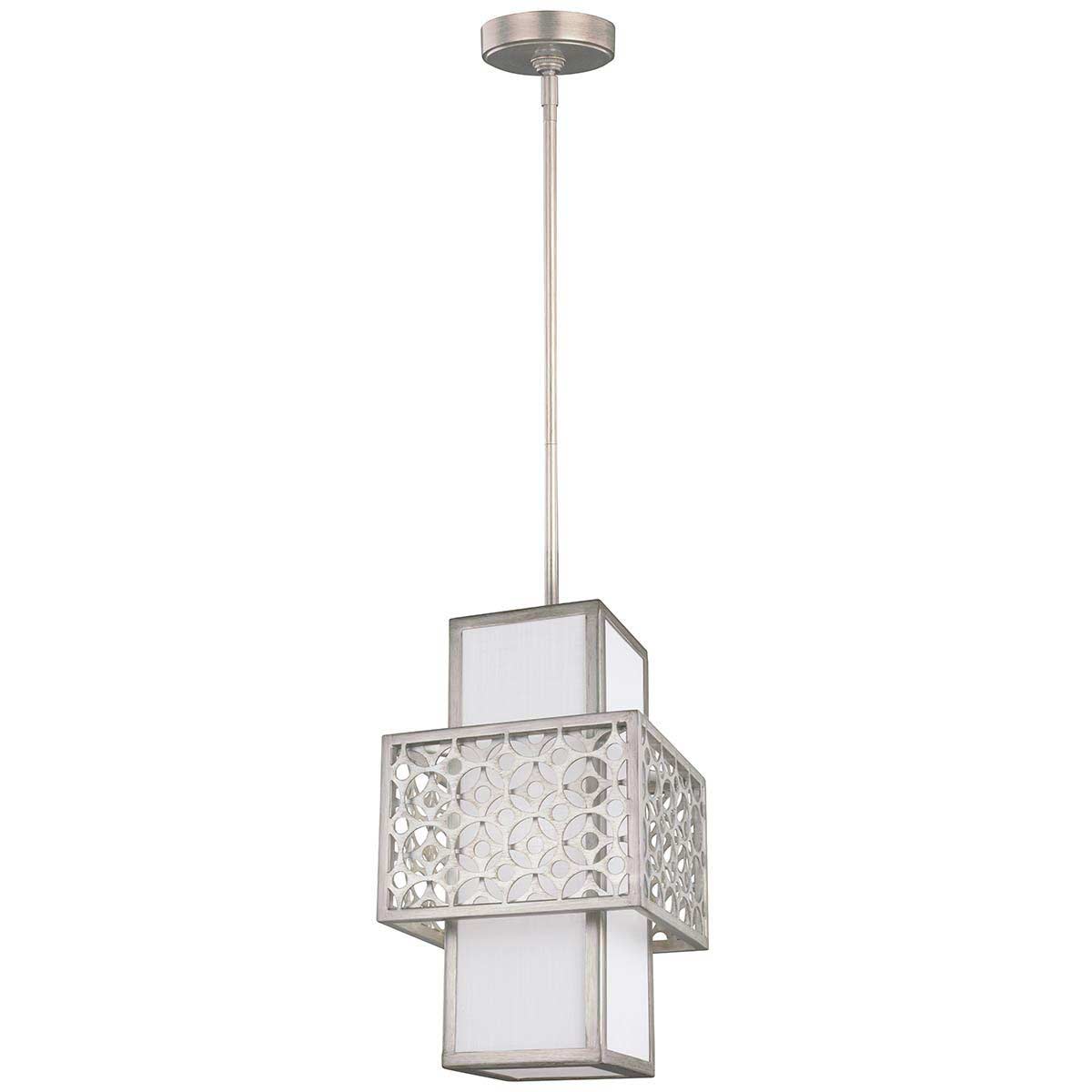 Feiss Kenney 1 light mini pendant in sunrise silver with white linen shade, full height on a white background.