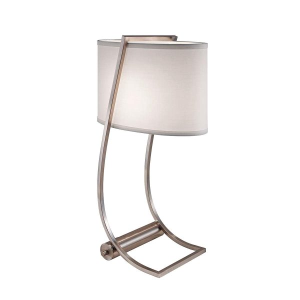 Feiss Lex brushed steel table lamp on white background.