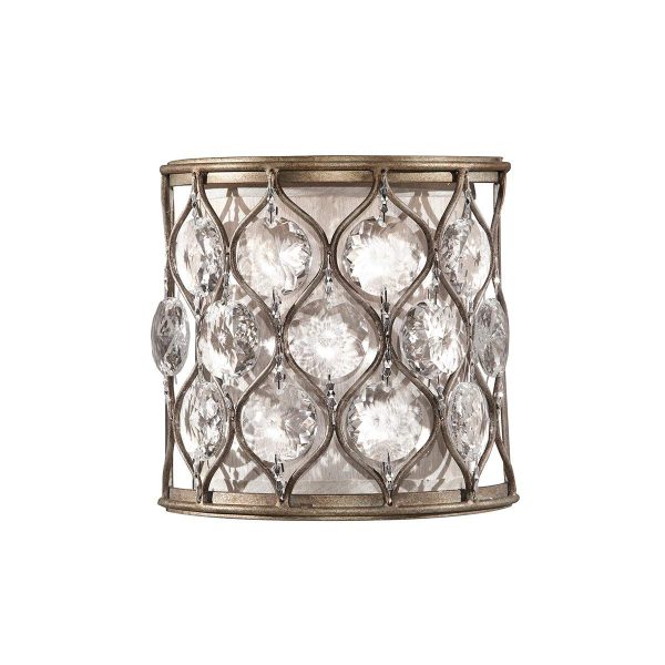 Feiss Lucia designer 1 light burnished silver wall light with crystal on white background.