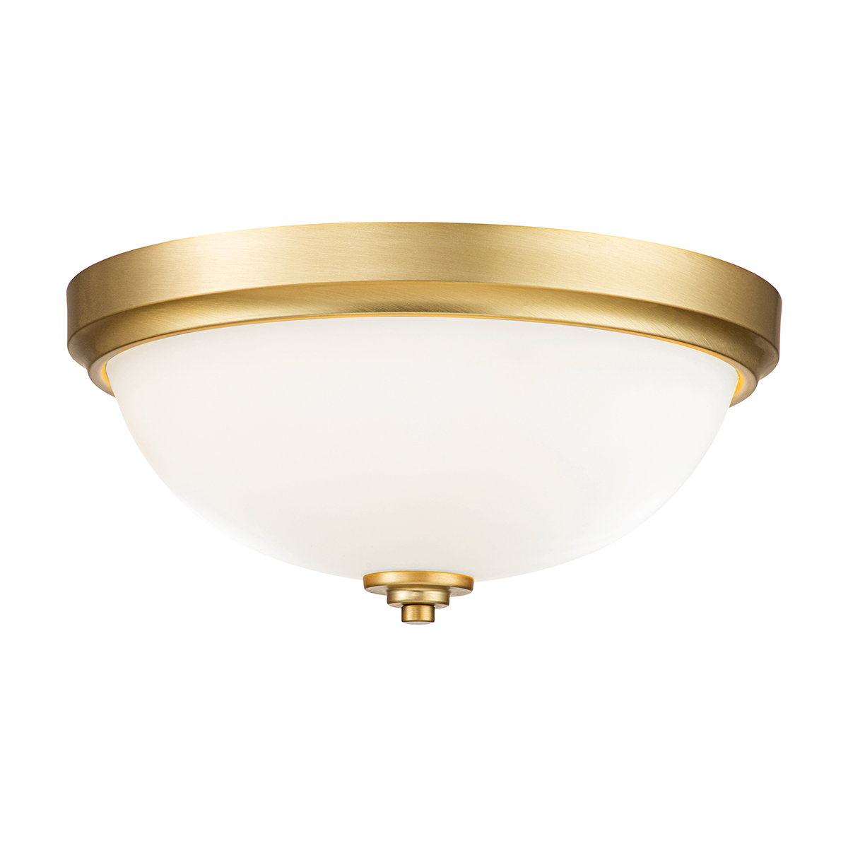 Feiss Malibu flush bathroom ceiling light in brushed brass on white background lit.