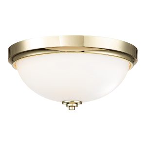 Feiss Malibu flush bathroom ceiling light in polished brass on white background, lit.