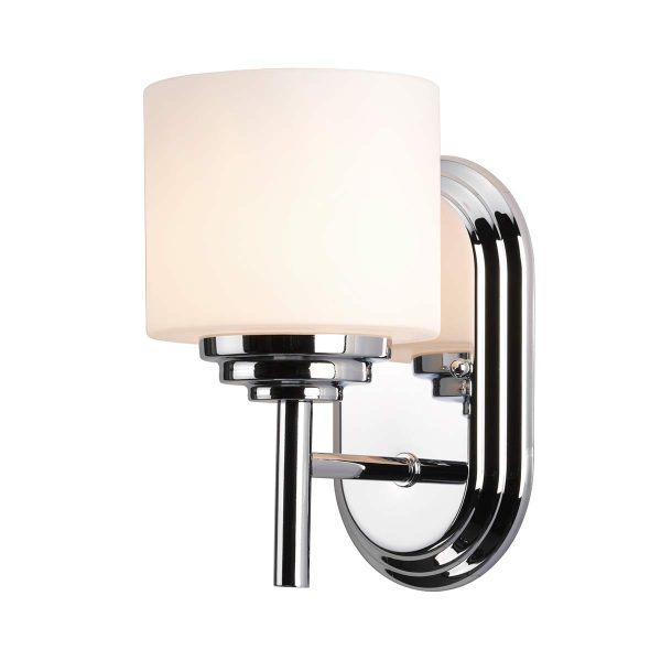 Feiss Malibu 1 light bathroom wall light in polished chrome on white background.