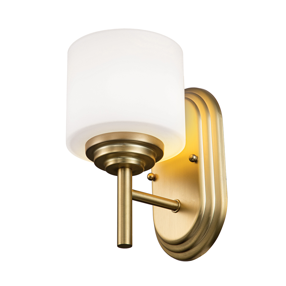 Feiss Malibu single bathroom wall light in brushed brass on white background, lit.