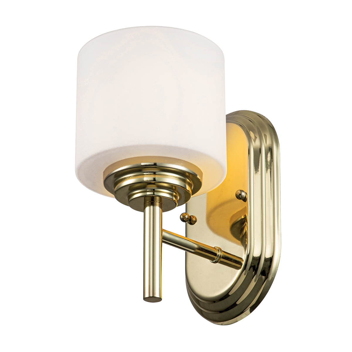 Feiss Malibu single bathroom wall light in polished brass on white bacthroom, lit.