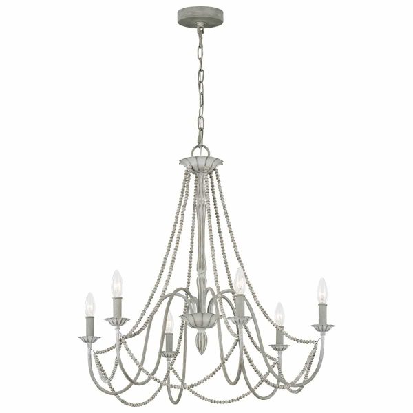 Feiss Maryville French country style 6 light shabby chic chandelier in washed grey on white background