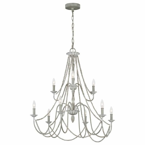 Feiss Maryville French country style large 9 light shabby chic chandelier in washed grey on white background