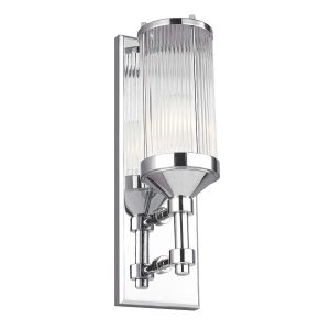 Feiss Paulson 1 light bathroom wall light in polished chrome and rated IP44, on a white background.