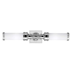 Feiss Payne ornate polished chrome 2 light bathroom mirror light, on a white background.