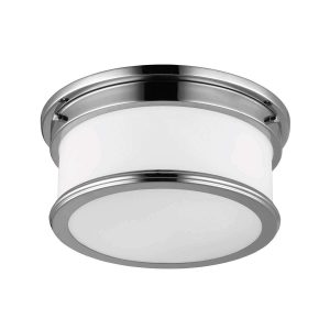 Feiss Payne polished chrome 2 light flush bathroom ceiling light, on a white background.