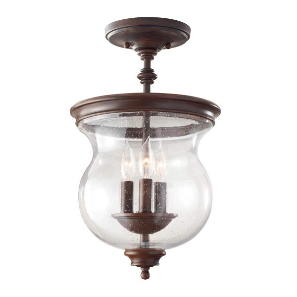 Feiss Pickering Lane 3 light semi flush chain lantern in heritage bronze, shown semi flush on white background.