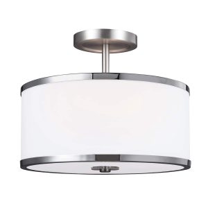 Feiss Prospect Park 2 light semi flush in satin nickel on white background.