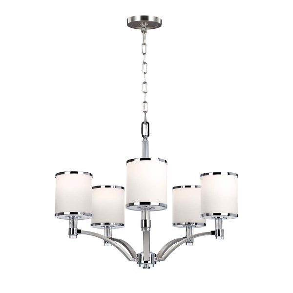 Feiss Prospect Park 5 light chandelier in satin nickel, shown full height on white background.