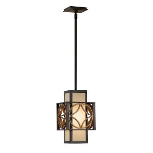 Feiss Remy Art Deco style hall lantern designer pendant, shown lit on white background.