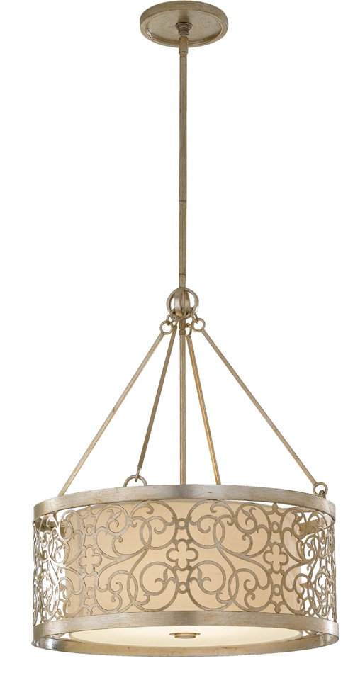 Feiss Arabesque Silver Leaf Drum 4 Light Ivory Fabric Pendant Chandelier
