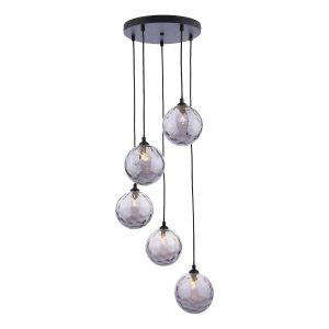 Federico 5 light cluster pendant in matt black with dimpled smoked glass on white background