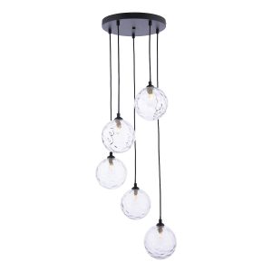 Federico 5 light cluster pendant in matt black with dimpled clear glass on white background