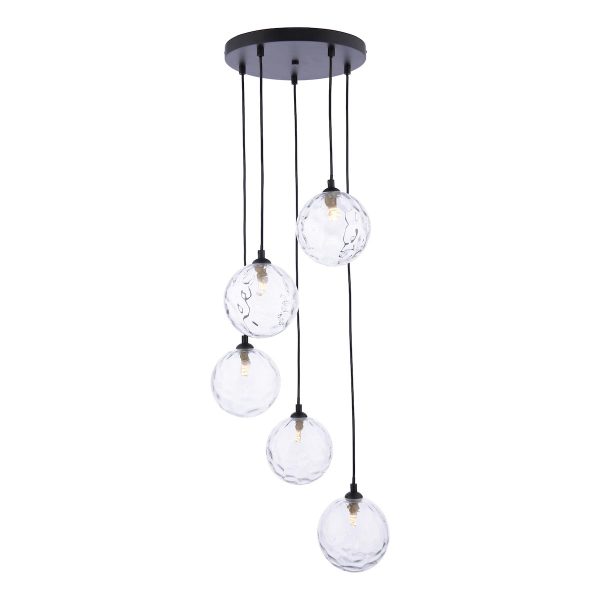 Federico 5 Light Cluster Pendant Black Dimpled Clear Glass