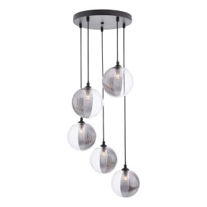 Federico 5 light cluster pendant in matt black with clear and smoked ribbed glass shades on white background lit