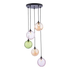 Federico 5 light cluster pendant in matt black with dimpled mixed coloured glass on white background
