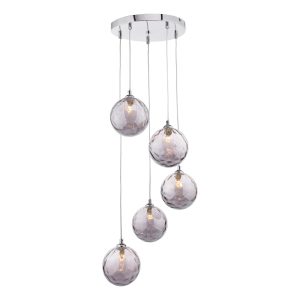 Federico 5 light cluster pendant in chrome with dimpled smoked glass on white background