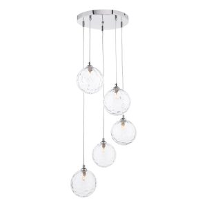 Federico 5 light cluster pendant in chrome with dimpled clear glass on white background