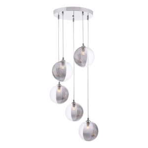 Federico 5 light cluster pendant in chrome with clear and smoked ribbed glass shades on white background