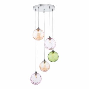 Federico 5 light cluster pendant in chrome with dimpled mixed coloured glass on white background